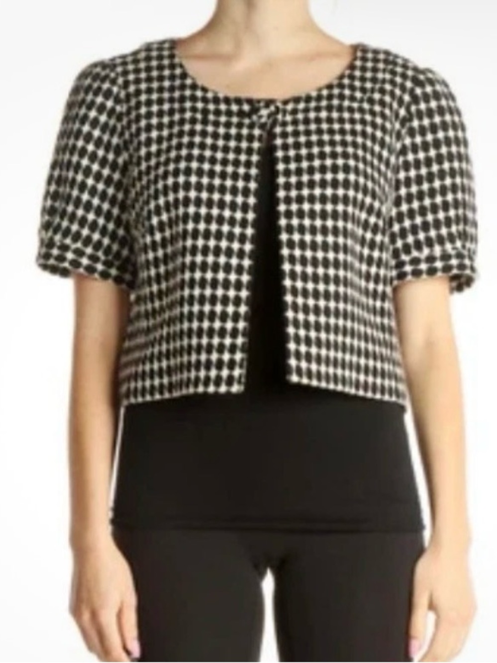 LOFT Black and White Cropped Puff Sleeve Blazer